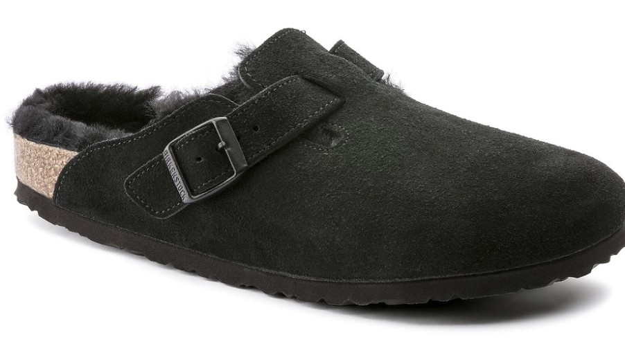 Femme Birkenstock | Sabots Birkenstock Unisexe Boston Black Black Narrow Suede Sheepskin