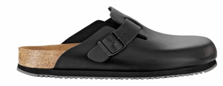 Femme Birkenstock | Sabots Birkenstock Unisexe Boston Smooth Leather Black Supergrip Sole Narrow