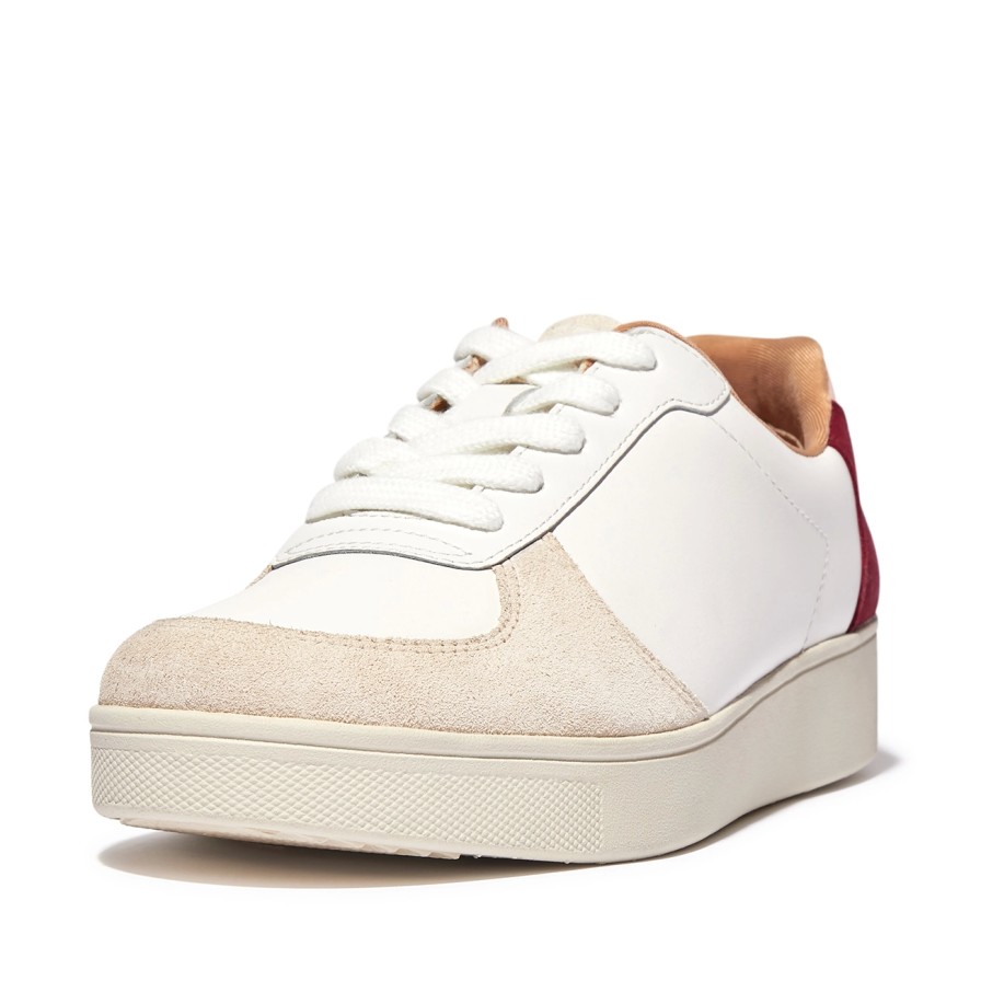 Femme FitFlop | Baskets Fitflop Femme Rally Leather Suede Panel Sneakers Urban White Rich Red