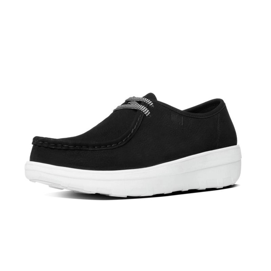 Femme FitFlop | Mocassin Femme Fitflop Loaff Lace-Up Moc Nubuck Black White Sole