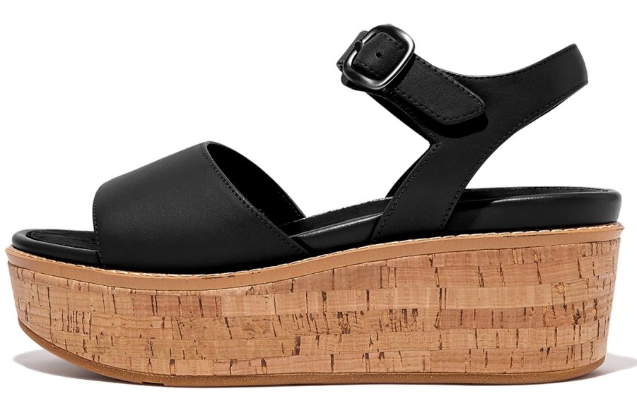 Femme FitFlop | Sandales Fitflop Femme Eloise Cork-Wrap Leather Back-Strap Wedge Black