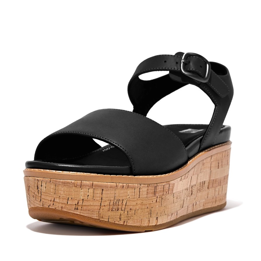 Femme FitFlop | Sandales Fitflop Femme Eloise Cork-Wrap Leather Back-Strap Wedge Black